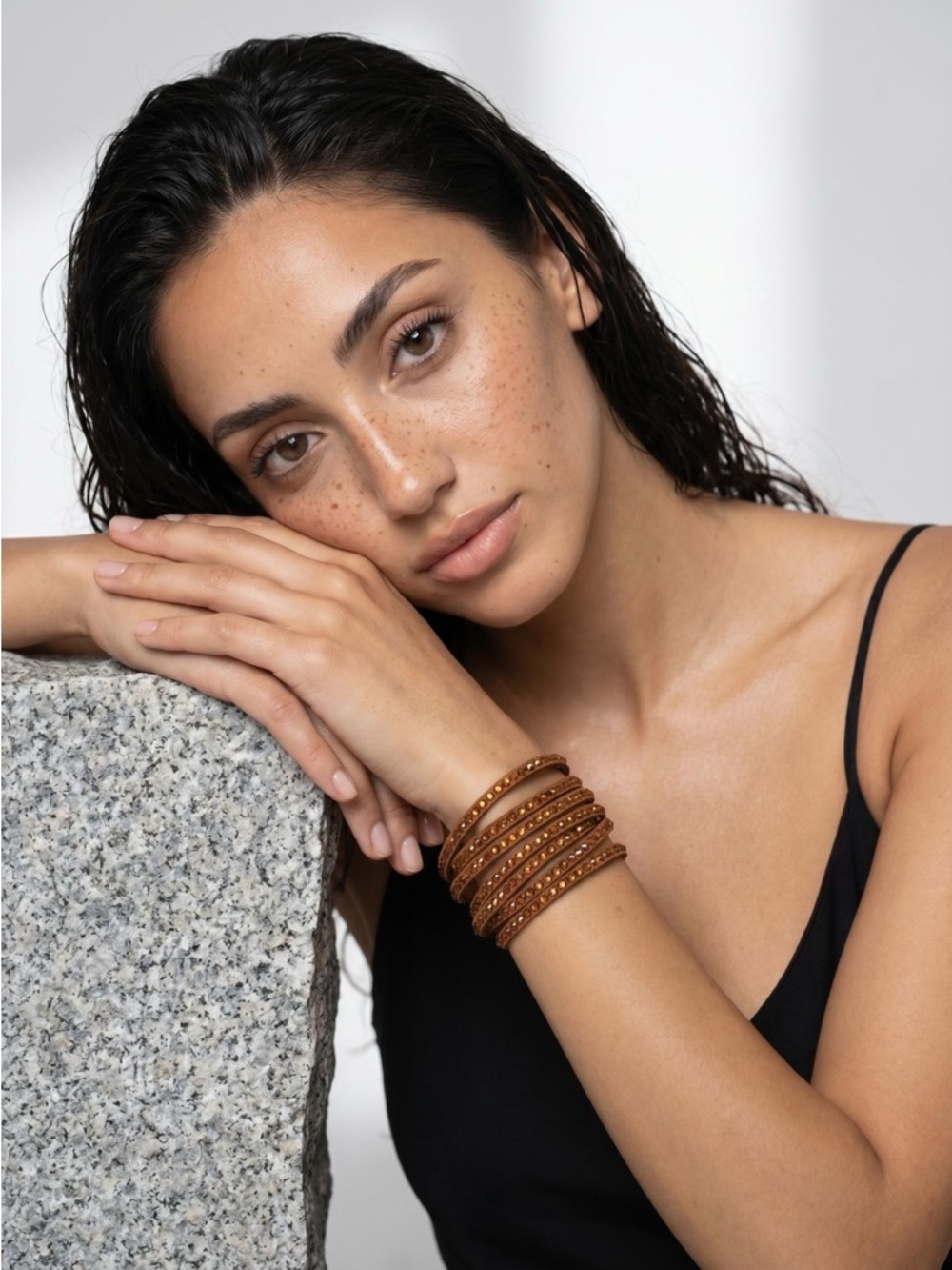 Swarovski Brown Leather Wrap Bracelet with Studded Accents